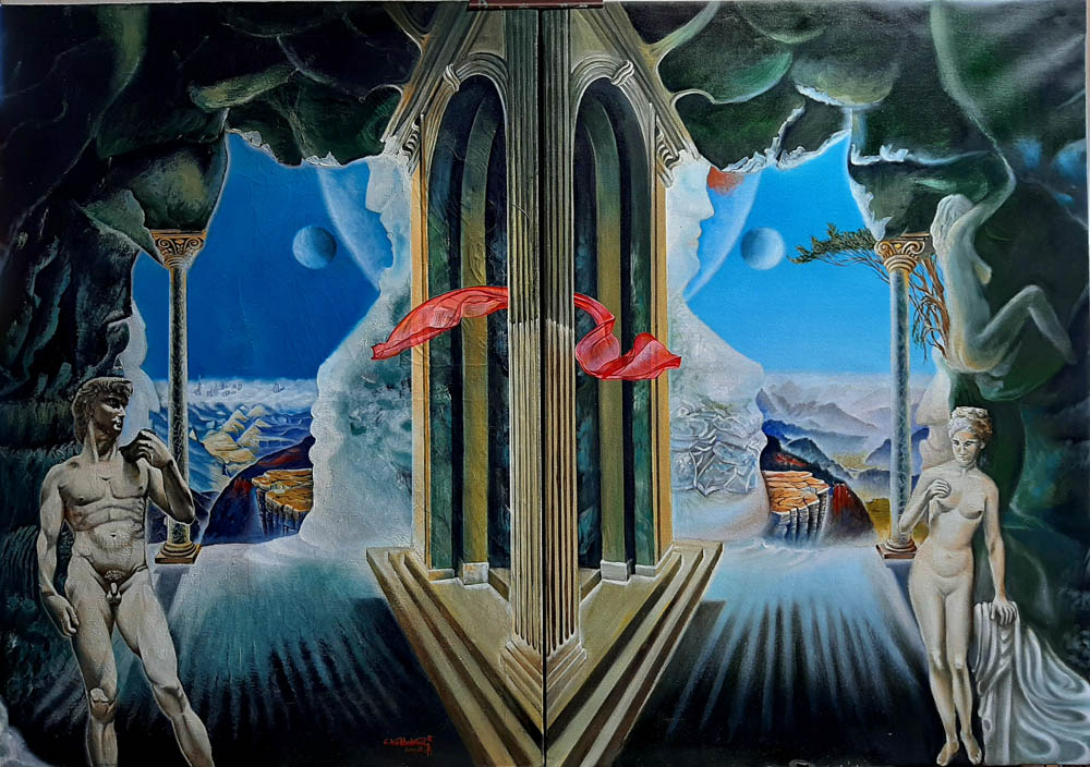 E Kottek Peter_Kincseket rejto amtropomorf barlangbol kitekintve a rejtozkodo metropolisz fele_86x122cm